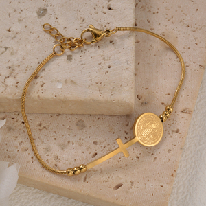 Pulsera minimalista de acero inoxidable 316L con extensor, pequeña bola, cruz, medalla redonda virgen, chapada en oro, venta al por mayor - Product Image 5
