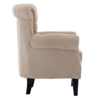 Fauteuil d'appoint beige capitonné à dossier haut, design Chesterfield moderne, en lin doux, avec garniture cloutée et pieds en bois, pour salon