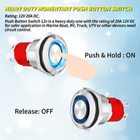 Interrupteur à bouton-poussoir robuste de 19mm avec LED étanche 1NO SPST 4 broches en acier inoxydable 20A 12VDC IP67 niveau 15CM faisceau de câbles