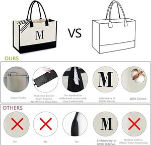 Sac en toile personnalisé pour femmes, broderie noire et blanche, extra large, en coton, avec fermeture éclair, pour le shopping, les mariages, les anniversaires, la plage, les cadeaux - Product Image 2