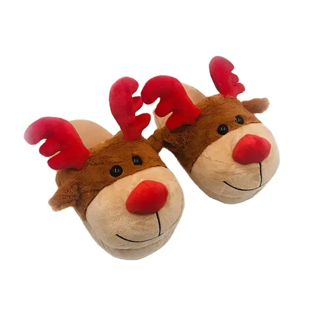 Customize Adults Stuffed Plush Novelty Brown Animal Christmas Plush Reindeer Slippers