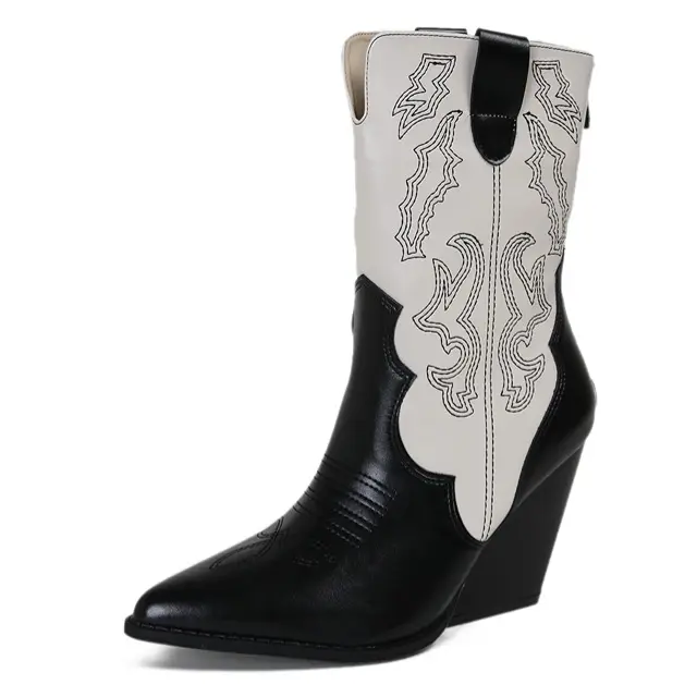 Vintage Mid Cap High Heel Cowboy Boots for Women Embroidered Western Style PU Leather Anti-Slippery Lighted Printed Pointed Toe