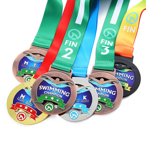 Nouvelles médailles de natation en alliage de zinc métallique émaillé FIN, ensemble de médailles de compétition, médailles de natation personnalisées avec logo et <span class=keywords><strong>ruban</strong></span> de cou dégradé - Product Image 1
