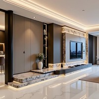 Soporte de TV de Madera de Lujo con Pantalla LED, Almacenamiento Montado en la Pared, Diseño Moderno para Sala de Estar, Villa o Apartamento