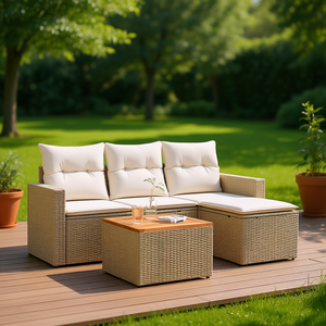 Ensemble de canapé de jardin en polyrotin beige avec coussins crème, 3 places, mobilier d'extérieur, design contemporain - Product Image 2
