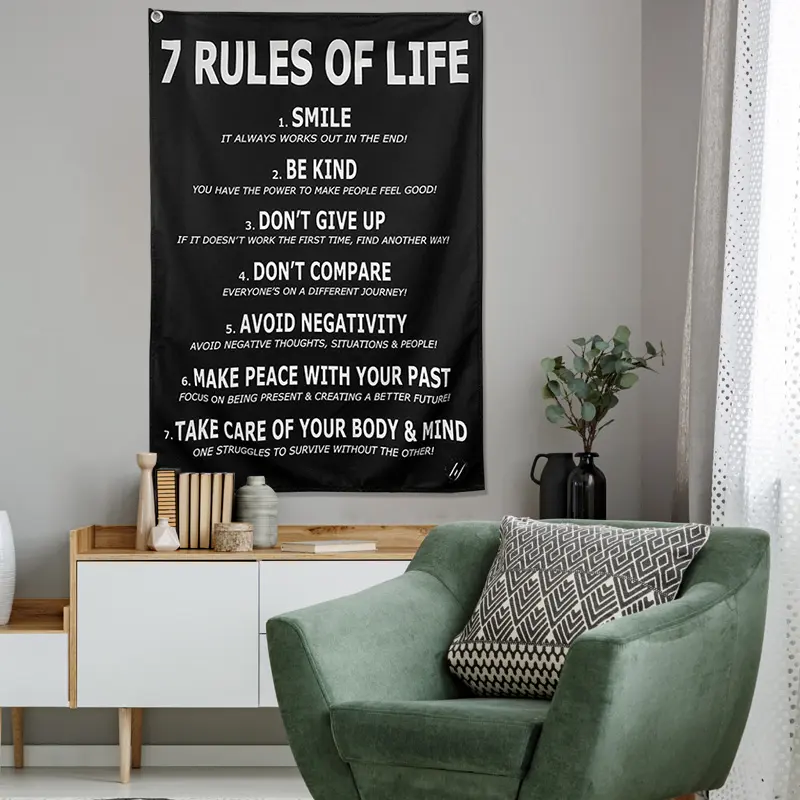 7 Rules of Life Abstract Motivational Tapestries on Wall 3D Print Polyester Black and White Wall Art Picture Living Room Decor