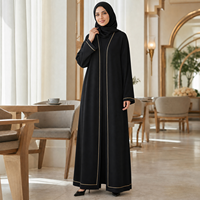 Abaya noire tricotée sur mesure pour femme avec passepoil doré, devant ouvert, manches longues, robe kaftan musulmane, tenue modeste du Moyen-Orient, OEM