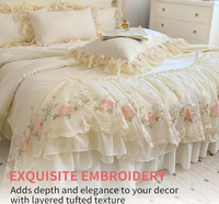Parure de lit chic française 4 pièces - Coton lavé avec bordure en dentelle romantique, housse de couette avec jupe de lit et taies d'oreiller