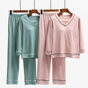 ชุดนอนผ้าฝ้ายลำลองสำหรับผู้หญิงช่วงฤดูใบไม้ร่วง 2 ชิ้น ชุดนอนแขนยาวหลวมพร้อมแผ่นรองบราเสื้อผ้าสำหรับนอนที่บ้าน - Product Image 1