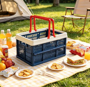 Panier de rangement pliable en plastique avec poignée, organisateur portable pour la maison, le coffre de voiture, la cuisine, le <span class=keywords><strong>camping</strong></span> et les pique-niques - Product Image 4