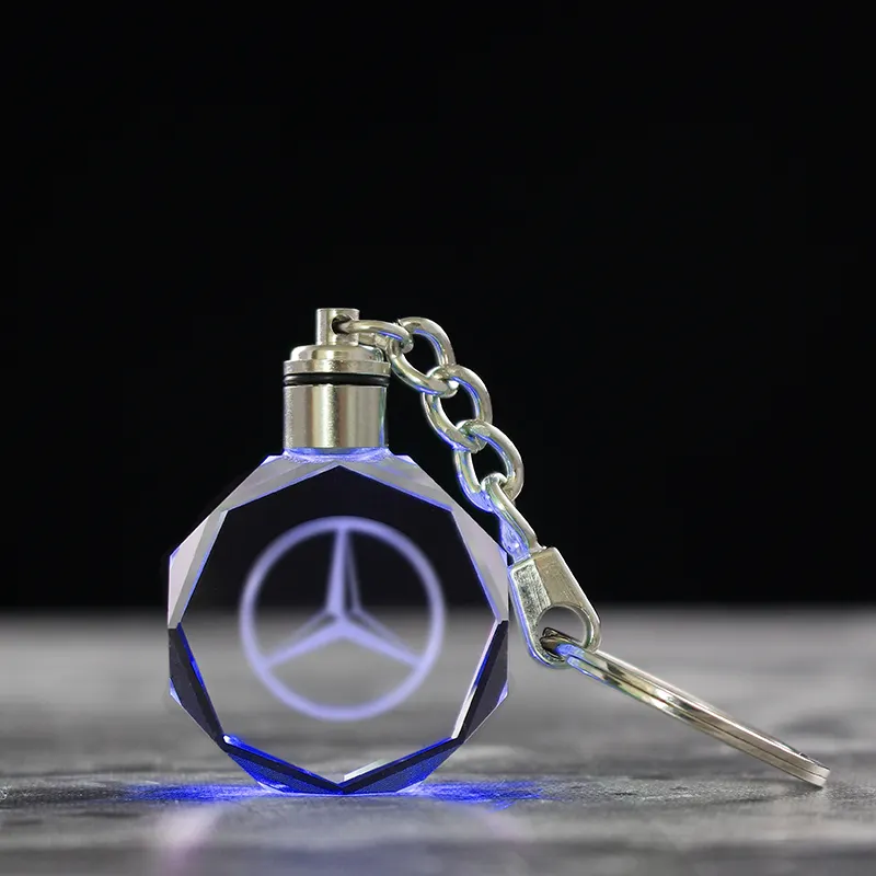 कस्टम नेतृत्व में प्रकाश स्पष्ट लोगो क्रिस्टल कार चाबी का गुच्छा ग्लास लेजर उत्कीर्ण उपहार