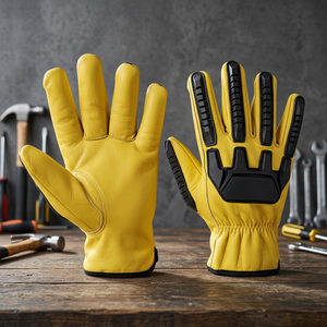 Gants de travail en cuir jaune avec paume et bouts des doigts antidérapants à motif de pneu de tracteur, manchette élastique, gants de sécurité polyvalents - Product Image 4