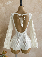 Pull en tricot crocheté style bohème coréen pour femme, blanc, col rond, manches cloche, coupe moulante, tenue de plage (personnalisable, anti-plis)
