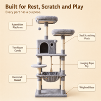 Tour à chat multi-niveaux avec condo en peluche, hamac pour chat, jouets suspendus, poteau en sisal naturel, base en bois d'ingénierie, OEM ODM