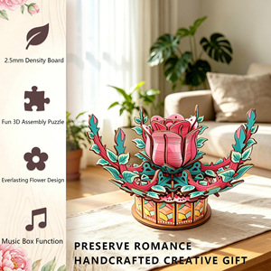 Boîte à musique en bois 3D en forme de rose, jouet de construction transfrontalier, modèle d'assemblage DIY fait main pour les jeunes - Product Image 4