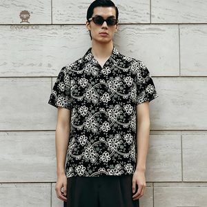 Camicia da uomo All-Over Stitch 70% poliestere nera con motivo a vite <span class=keywords><strong>crema</strong></span>, stile cubano, per l'estate e la spiaggia - Product Image 1