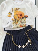Ensemble Fille Été 2026 Jaune Imprimé Lettres Haut Manches Courtes Jupe Plissée Paillettes Deux Pièces Anti-Plis Style Coréen Coton