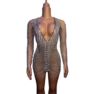 2023 Luxury See Through Crystal Tassel Latin Dance Dinner Gown Women Sexy Backless Mini Club Dress Birthday Party Evening Dress