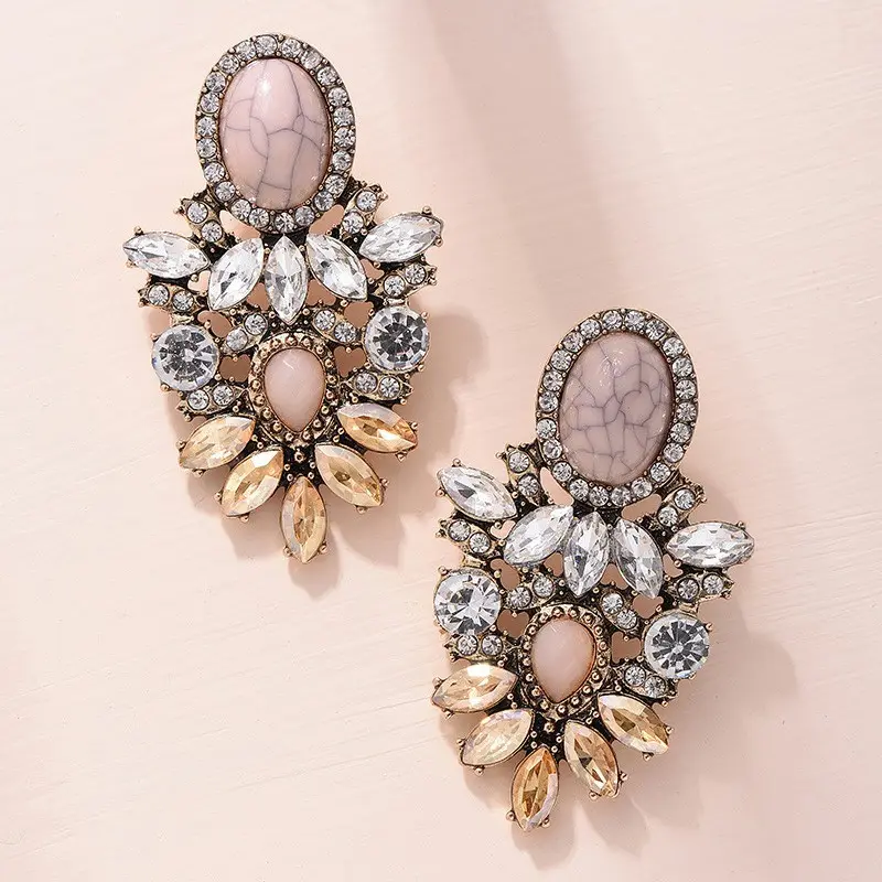 Kaimei 2020 Fashion Jewelry Women Pink Stone Crystal Flower Drop Earrings for Women Fashion Gold Rhinestones Earrings Gift