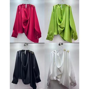 Chemisiers décontractés à manches longues NPF pour femmes, chemises unies, hauts pour femmes, 100% satin de soie brodé, anti-rides, respirant - Product Image 2