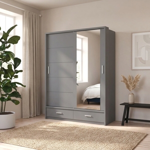 Armoire moderne pour chambre à coucher avec 2 portes coulissantes miroir de 200 cm, 2 tiroirs, 5 étagères, 2 tringles de suspension et éclairage LED - Product Image 1