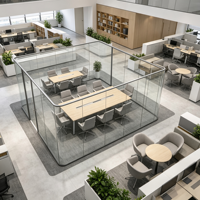 Conception de la disposition intérieure du bureau à partir d'un plan de mobilier détaillé, les zones incluent la réception, les postes de travail, les salles de réunion, les espaces de détente et les zones administratives