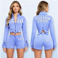 Nouvelle Tendance OEM : Ensemble Deux Pièces Femme - Veste Courte Zippée à Col Montant et Short, Style Vintage Délavé à l'Acide, avec Logo Personnalisé