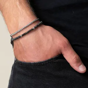 Verstelbare Zwarte Ferritiet Steen Kralen Armband Voor Mannen Vintage Ketting Armband 2 Stuks Armband Sets Sieraden