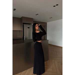 <b>Black</b> Long-Sleeved 2-Piece Shorts Set Winter Rib Fabric Clothing XL Size Top and <b>Skirt</b> One Set - Product Image 1