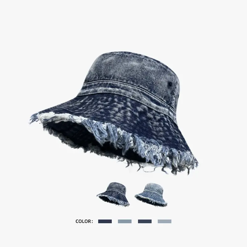 Topi Bucket Denim dicuci baru Fashion Membuat Topi nelayan tepi kasar tua