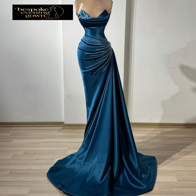 Manufacturer Custom High-Setting Elegant New Blue Strapless Satin Floor-Length Mermaid Silhouette Quick Dry Birthday Party Dress
