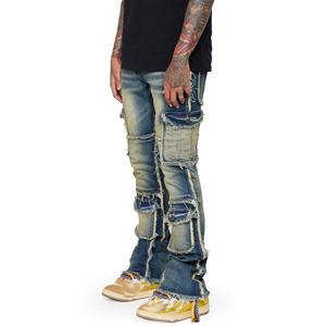 Nouveautés - Pantalons cargo vintage bleus à bords bruts - Jeans en denim pour hommes - Product Image 3