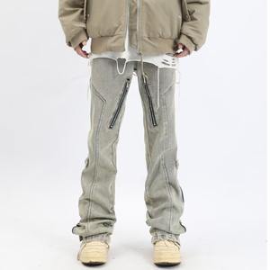 خمر مخصص سحاب سراويل الجينز مضيئة السراويل الساق مستقيم غسلها الثقيلة المتعثرة جينز ممزق الرجال بنطال مضيئة - Product Image 6