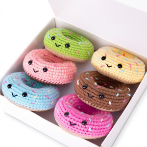 Kit de crochet DIY pour débutants, forme de beignet coloré, mignon et gourmand, kit de tricot fait main, lot de 6 beignets - Product Image 1