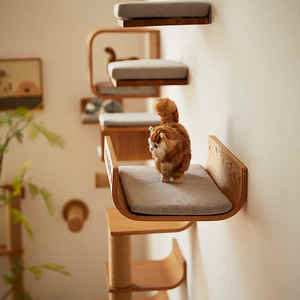 رف خشبي صلب لتسلق القطط مثبت على الحائط أثاث حائط مع وسادة مريحة للقطط للعب النوم - Product Image 3