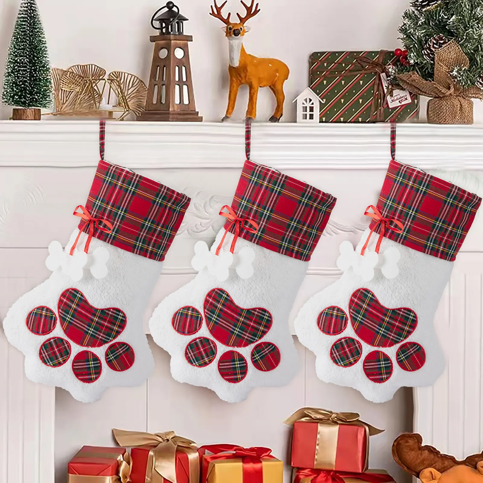 XONOR Calze natalizie blu e rosso 2 pezzi grandi con motivo a zampa di animale domestico per decorazione natalizia 