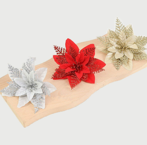Glitter <b>Artificial</b> <b>Poinsettia</b> Flowers Christmas Tree Decorative Flower Ornaments - Product Image 2