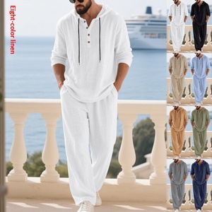 Completo da <span class=keywords><strong>uomo</strong></span> in cotone e lino a 2 pezzi, camicia Henley a maniche lunghe, <span class=keywords><strong>pantaloni</strong></span> casual da spiaggia con tasche, outfit estivo per yoga - Product Image 2