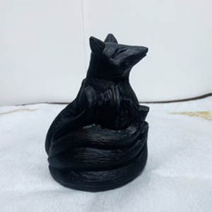 Natural obsidian nine-tailed fox figurine <b>raw</b> stone <b>crystal</b> carving piece, black fox home auspicious mascot, tabletop gift - Product Image 1