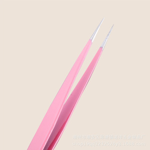 Round-edged pink stainless steel tweezers with fine pointed tips for eyelash <b>extensions</b> and <b>nail</b> art; straight-tipped tweezers - Product Image 4
