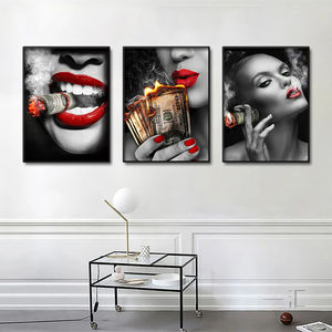 Décor à la maison lèvres rouges fumer <span class=keywords><strong>femme</strong></span> montre dorée brûlant Dollars argent Cigarette riche fille mur Art Mural suspendu peinture à l'huile - Product Image 3