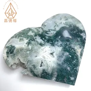 Kindfull Natural Stone Hand Carved Drusy Moss Agate Big Heart Shape Crystal Craft For Decor