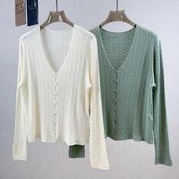 Nouveau Cardigan Femme Printemps-Été en Laine Tricotée à Col V, Coupe Slim, Motif Torsadé, Boutons Perle, Tissu Sergé Fin, Haut Décontracté Léger