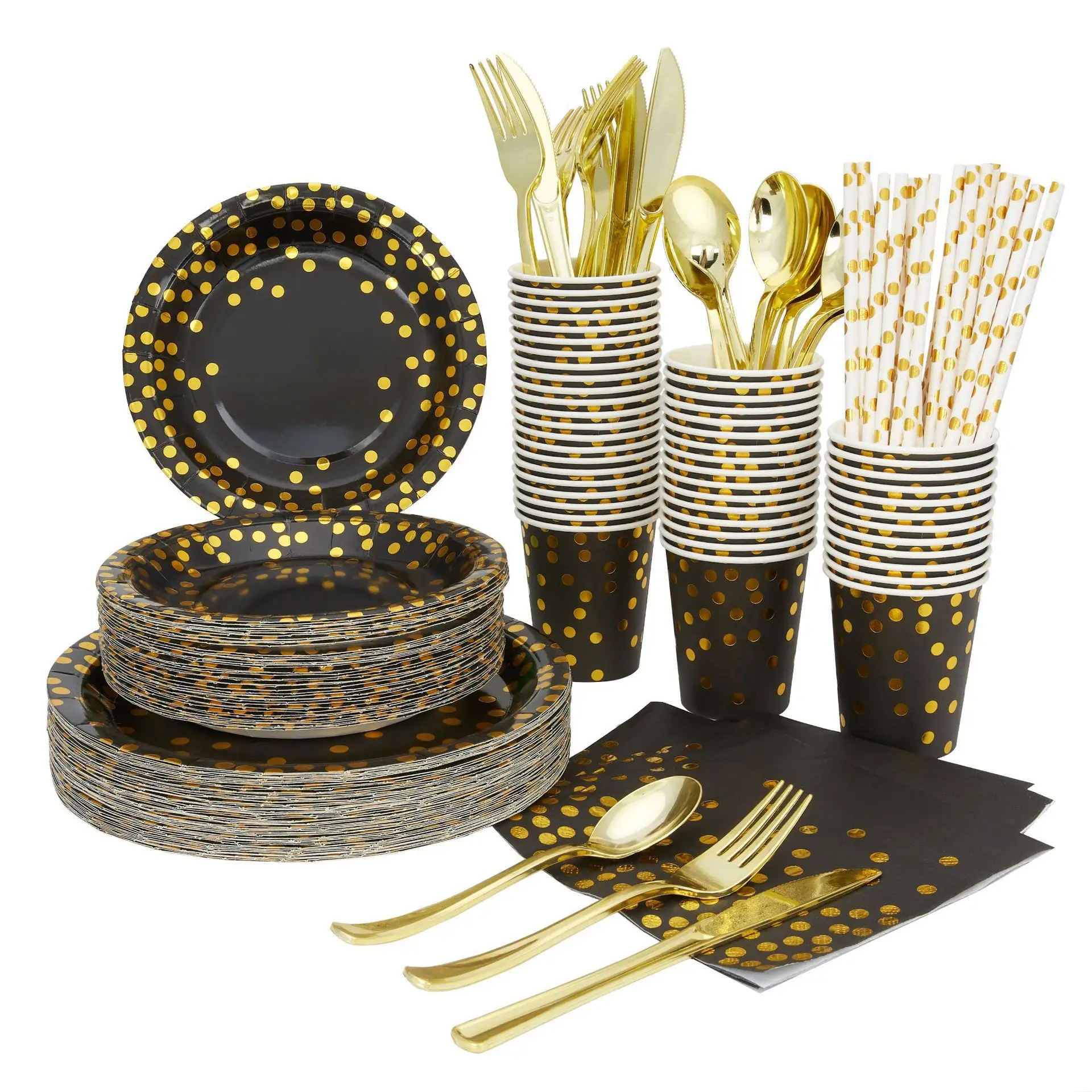 Plato de papel desechable con estampado de oro y negro, vasos, servilletas, platos de fiesta, juego de vajilla, suministros para fiestas