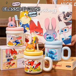 <span class=keywords><strong>Mug</strong></span> en céramique de dessin animé <span class=keywords><strong>Disney</strong></span> avec paille, couvercle et poignée, tasse à café et à lait pour le bureau, la maison et les cadeaux - Product Image 4