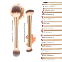 Lot de 15 pinceaux de maquillage professionnels pour le visage avec poils synthétiques, pinceaux plats, manche en métal doré, étui de voyage et houppettes