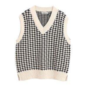Pull-over tricoté <span class=keywords><strong>sans</strong></span> manches, col en V, coréen, pull-over, <span class=keywords><strong>haut</strong></span> ample, <span class=keywords><strong>pied</strong></span>-<span class=keywords><strong>de</strong></span>-<span class=keywords><strong>poule</strong></span>, collection automne hiver, - Product Image 1