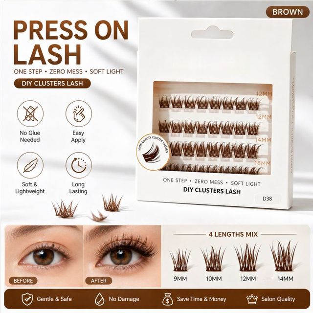 Hot Self Adhesive Eyelashes Pre Bond DIY Segmented Pre Glued Lash Clusters Press on Eyelash No Glue Needed Reusable Brown Lashes