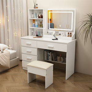 Coiffeuse moderne <span class=keywords><strong>blanche</strong></span> minimaliste avec miroir LED, table de maquillage en bois pour chambre à coucher, meuble de rangement avec panneau - Product Image 2