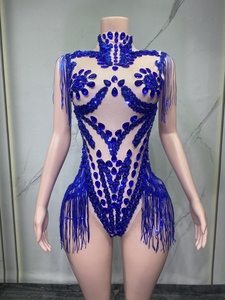 Combinaison sexy en maille transparente noire avec strass pour femme, tenue de scène pour chanteuse, danseuse, spectacle, fête, boîte de nuit, performance - Product Image 2